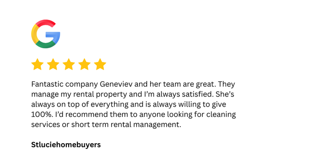 Google review with five stars praising Genevieve and her team for property management and cleaning services.