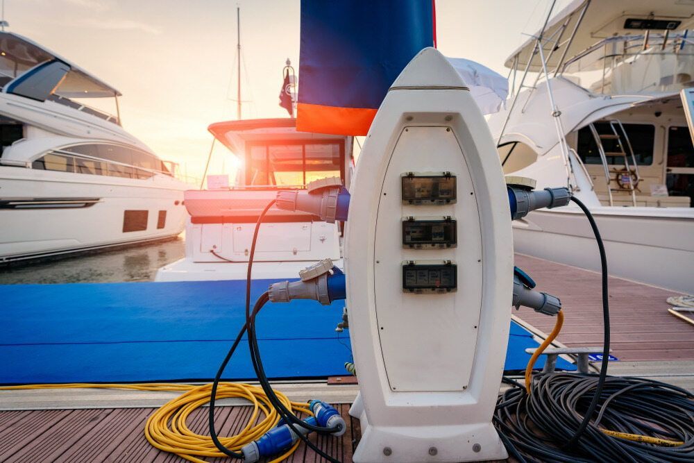 Dockside Power Station With Charging Cables Connected to Boats — Direct Current Solutions in Mareeba, QLD