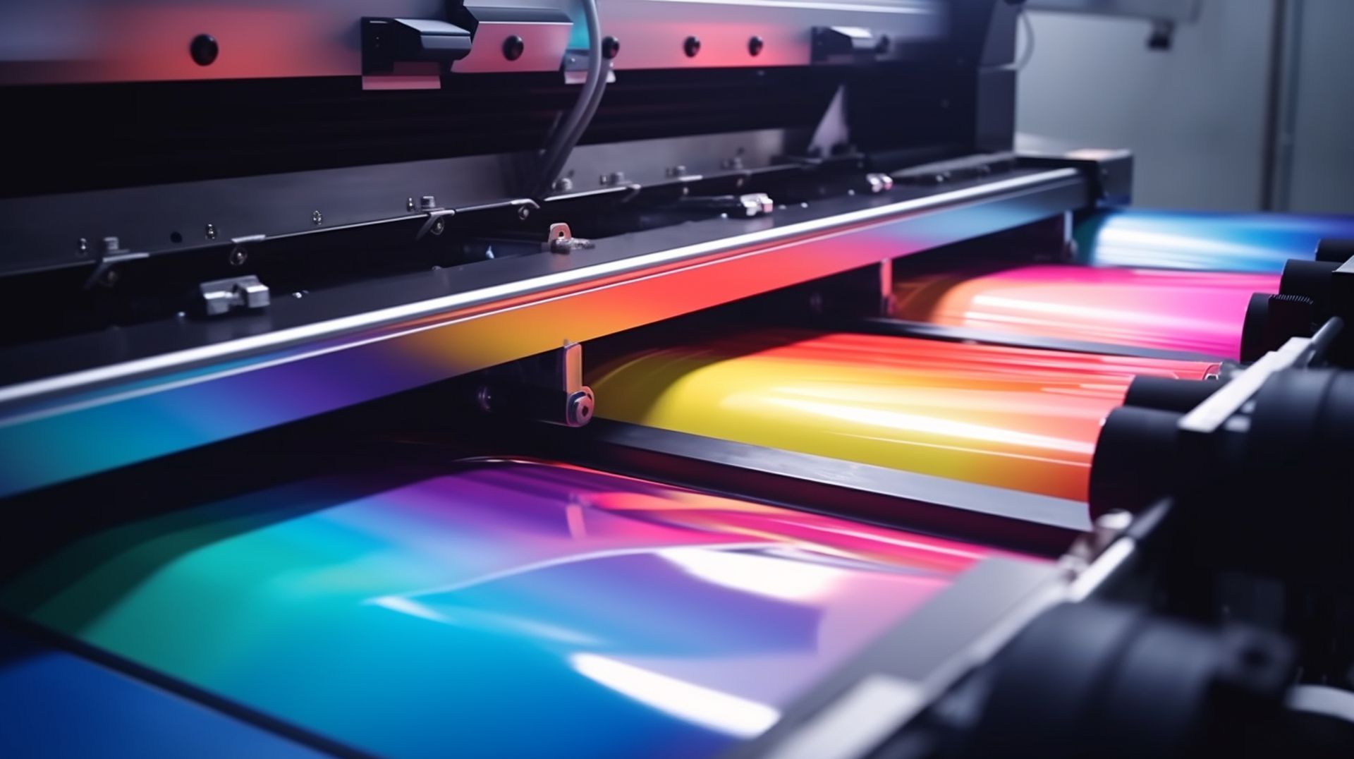 Máquina de impresión en funcionamiento, imprimiendo vibrantes colores del arco iris en una hoja brillante.