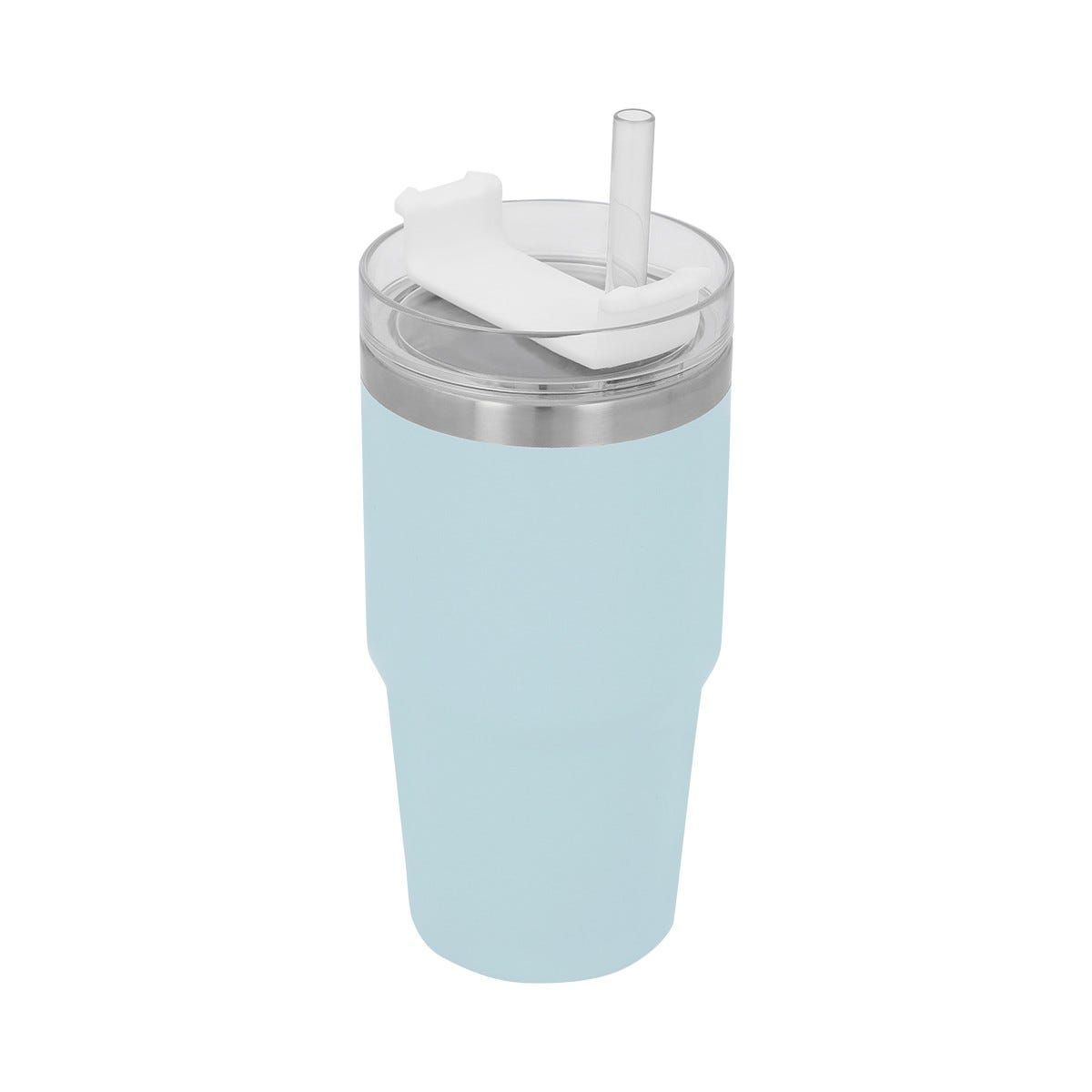Vaso térmico blanco con pajita y tapa, en posición vertical.
