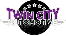 Twin City Automotive logo with purple and white text, stars, and a winged emblem on a black circle