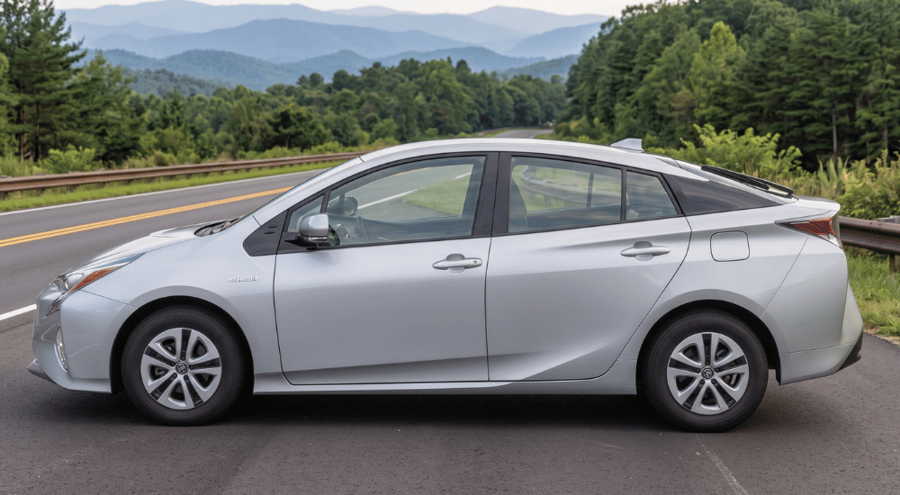 Silver electric vehicle parked by a mountain road with trees and hills in the background