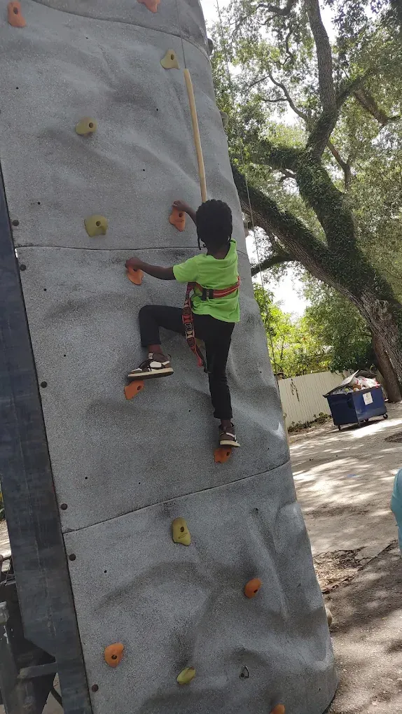 A child in a green shirt and harness climbs a grey outdoor rock wall with colored holds under trees.