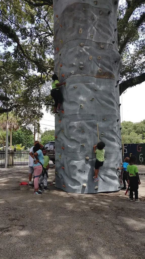 Children climb a tall, textured rock climbing wall in a park setting while others wait at the base.