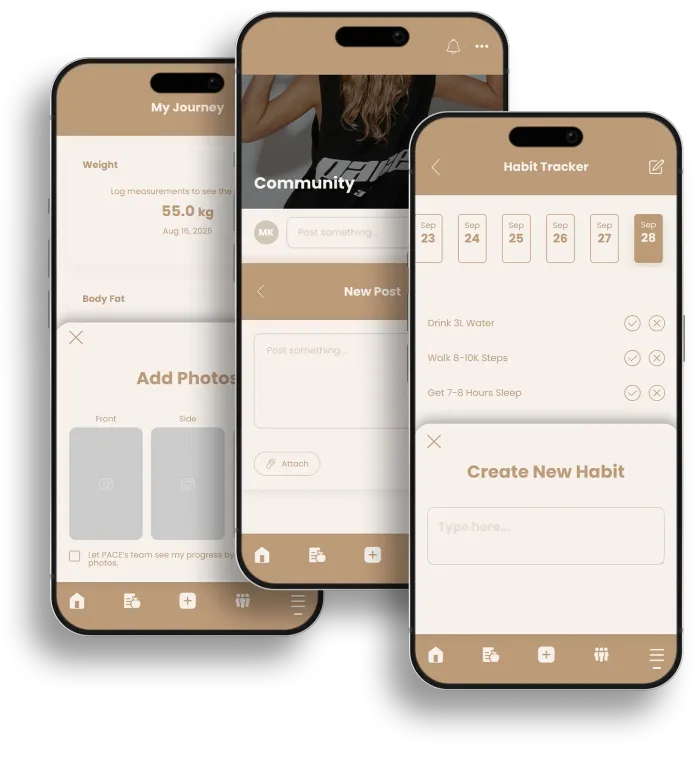 Three overlapping gold smartphone app screens showing habit-tracking, community and progress