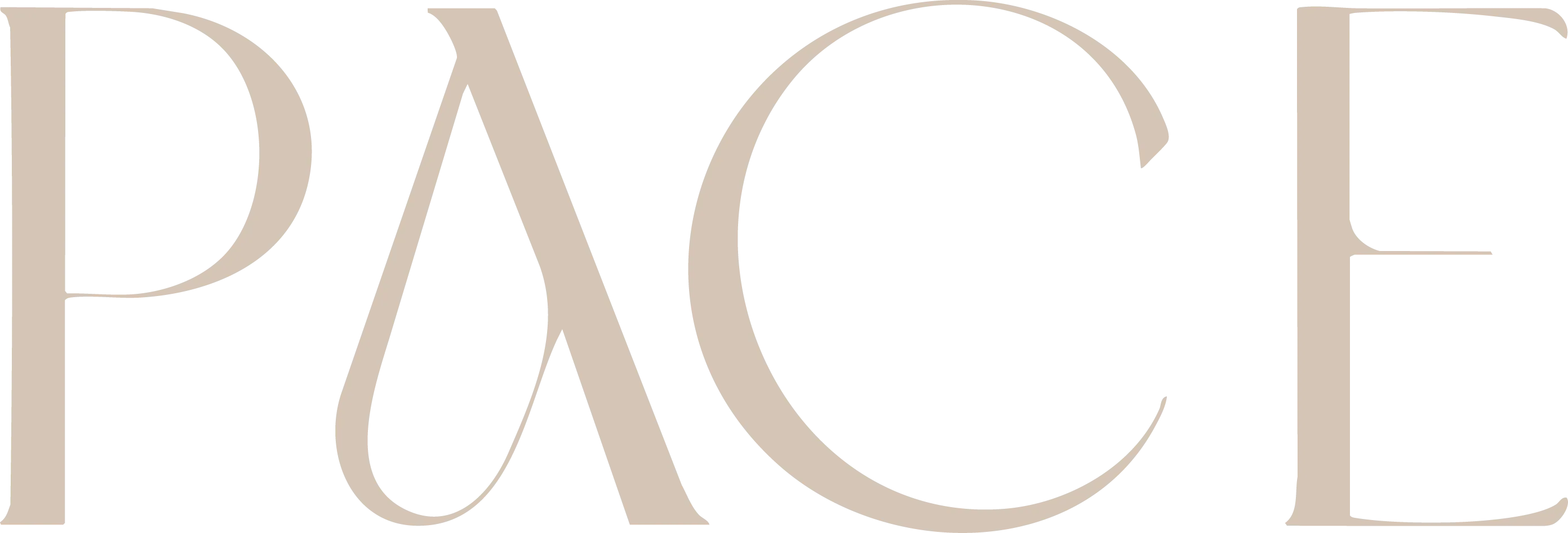 Stylized beige logo reading “PACE” on a white background