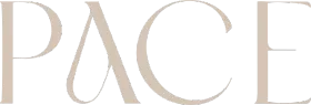 Stylized beige logo reading “PACE” on a white background