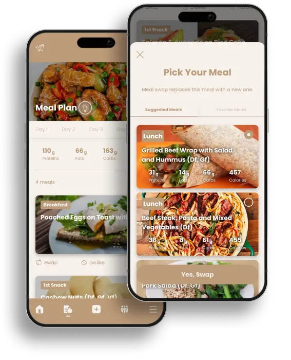 Two overlapping smartphone screens showing a meal-planning app with food photos and meal cards