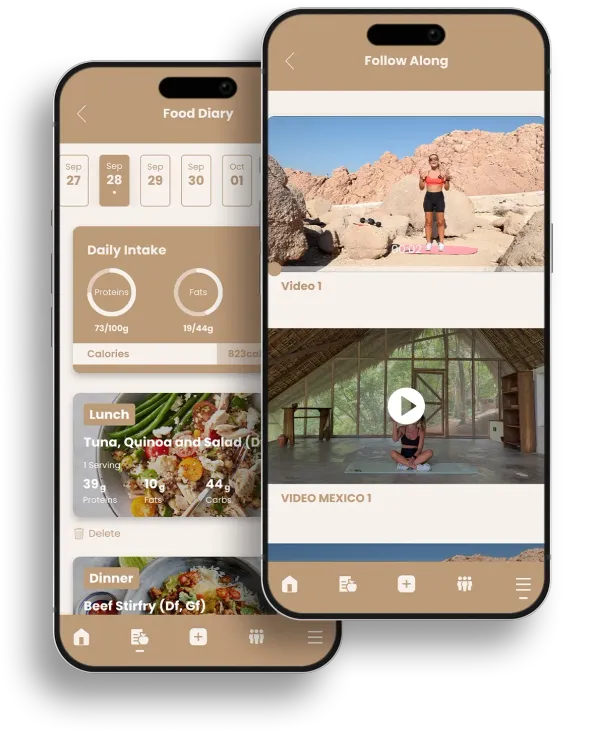 Two overlapping smartphone screens showing a fitness app with meals and workout cards.