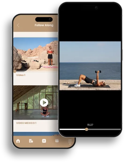 Two overlapping smartphone screens showing a fitness app with workout videos.