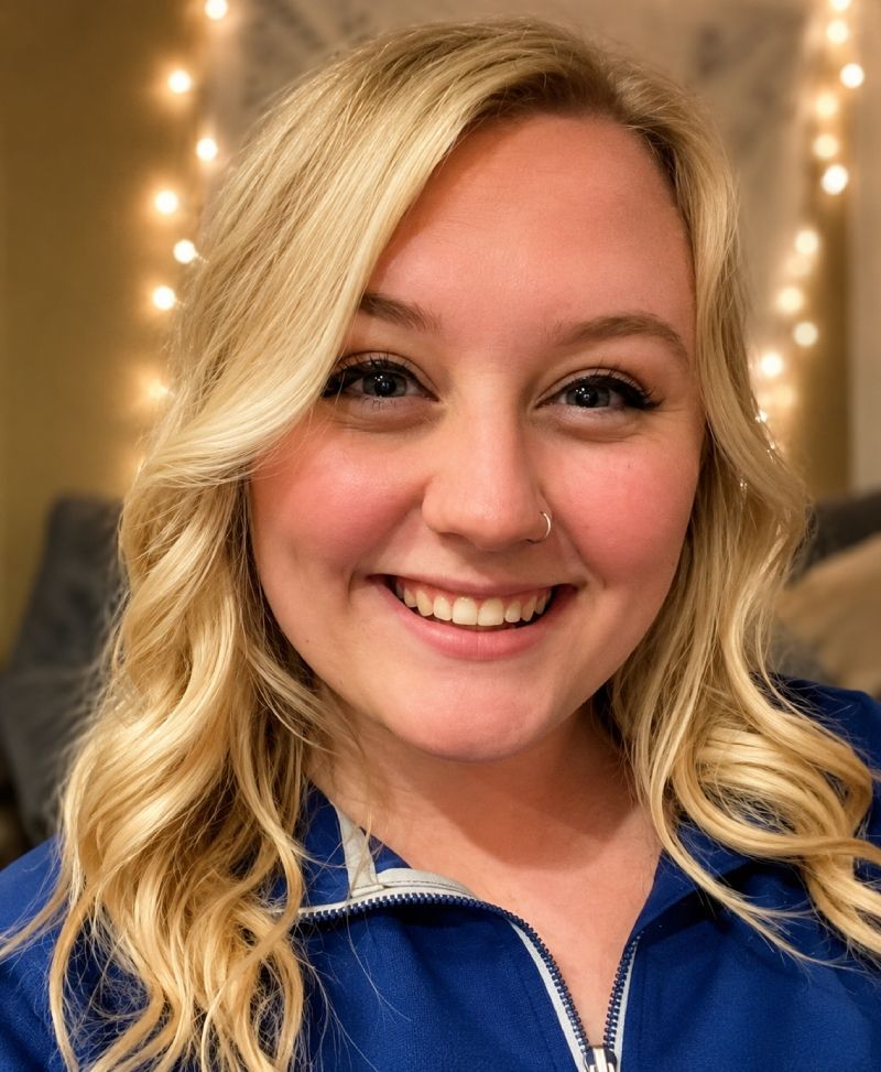 Smiling blonde woman in a blue zip-up jacket, with warm string lights in the background