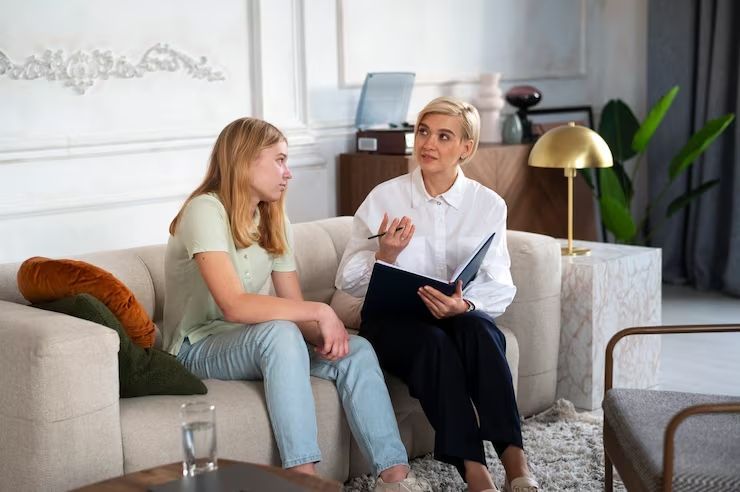 Two people talking on a couch in a bright living room, one holding a notebook.
