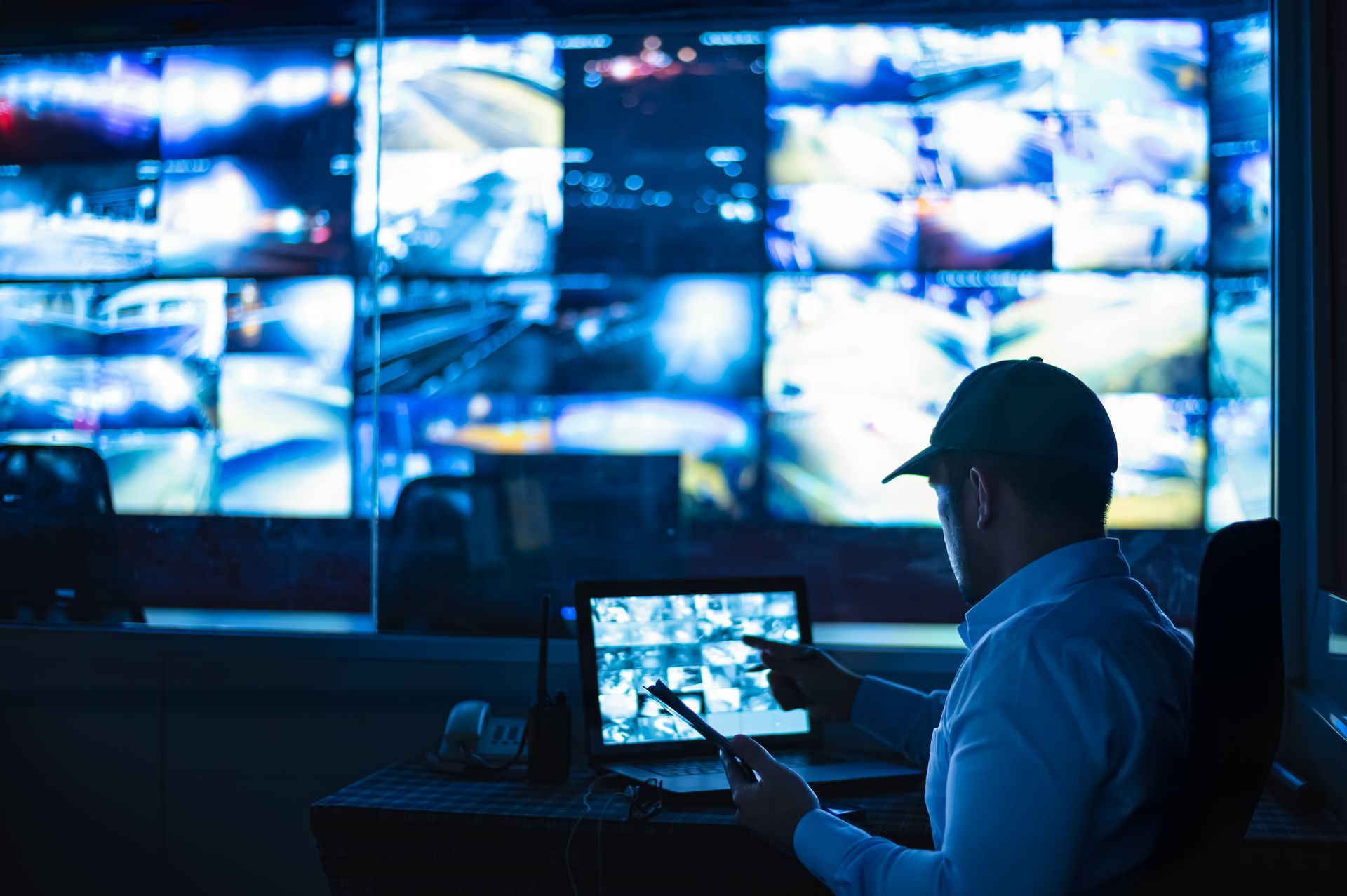 Person in a dark control room monitoring multiple blue security screens and a laptop.