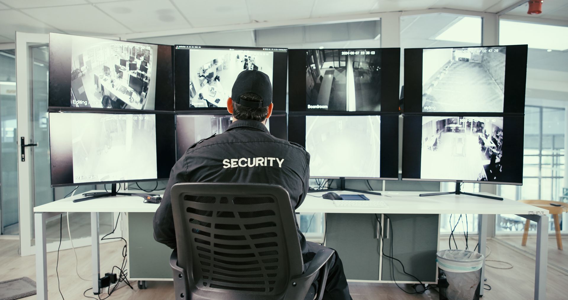 Security guard monitoring multiple surveillance screens in a bright control room.