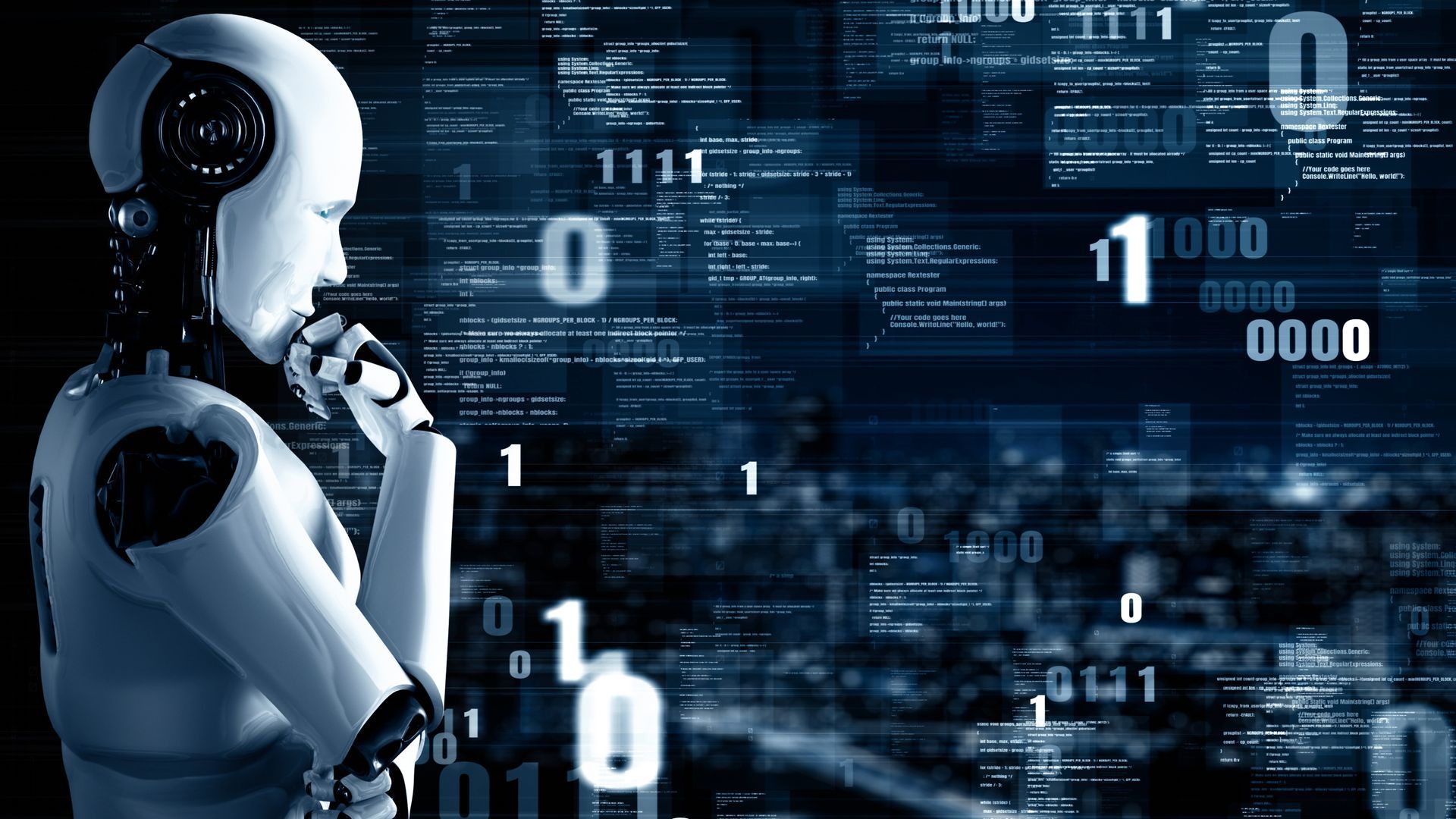Humanoid robot studying flowing binary code on a blue digital interface screen.