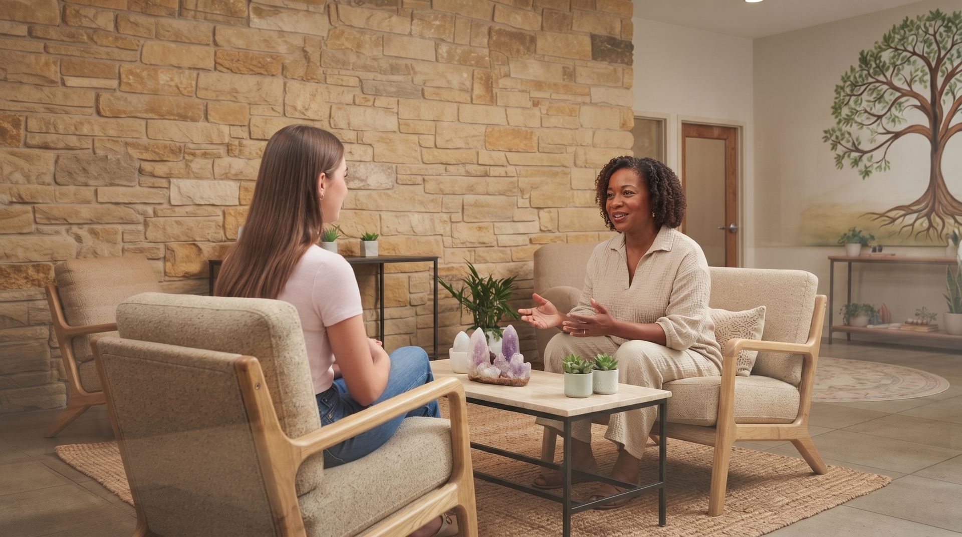 Holistic counselor talking with a client in Dallas