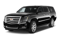Black Cadillac Escalade SUV parked, angled view. Chrome grille, large wheels.