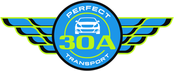 Logo for Perfect 30A Transport: a car icon inside a blue circle with the words "PERFECT" and "TRANSPORT" 