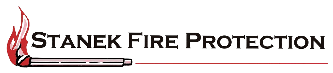Stanek Fire Protection logo with black text, red flame icon, and grey/red underline on white background