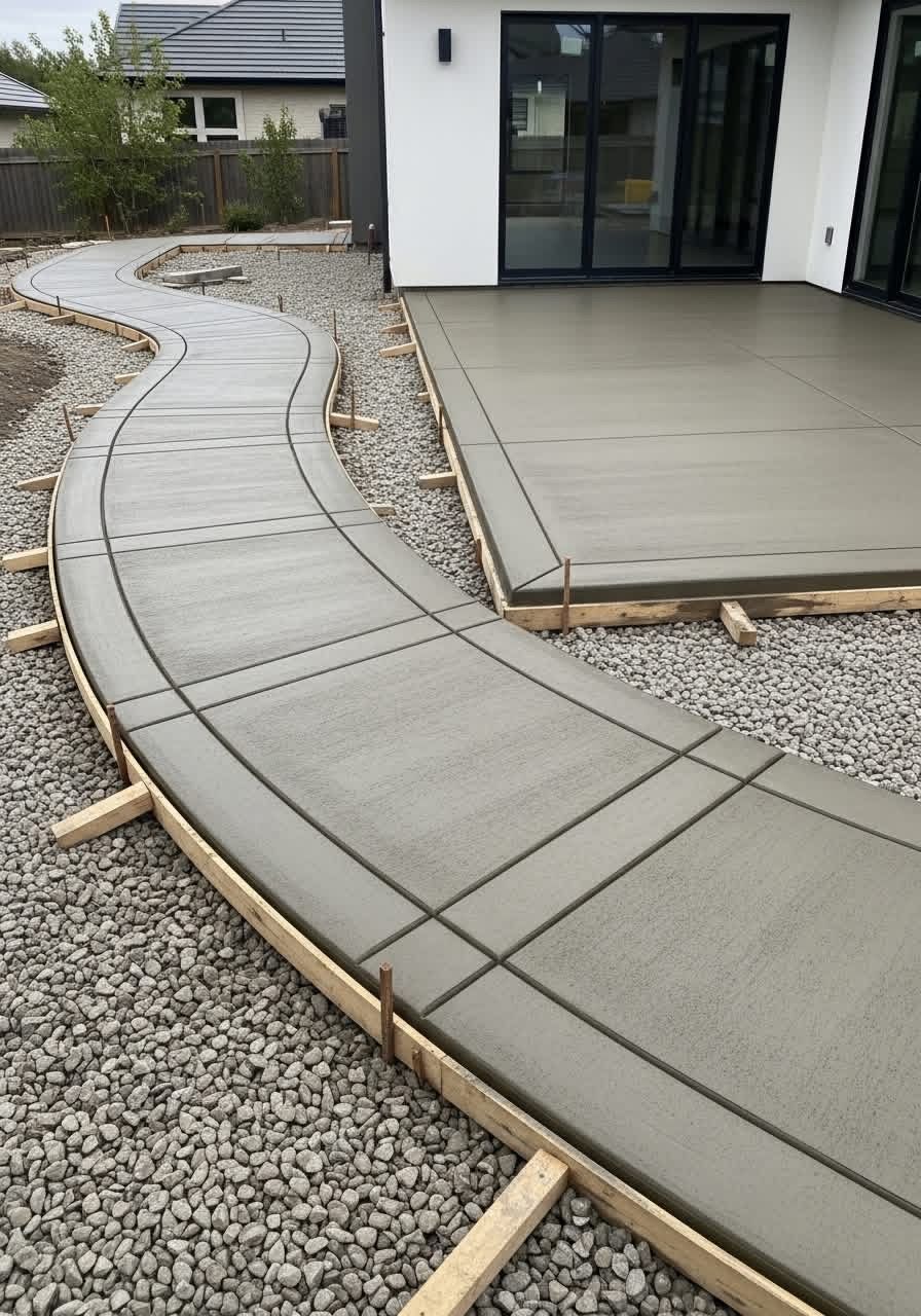 Curved concrete walkway under construction beside a house, bordered by gravel and wooden form boards.
