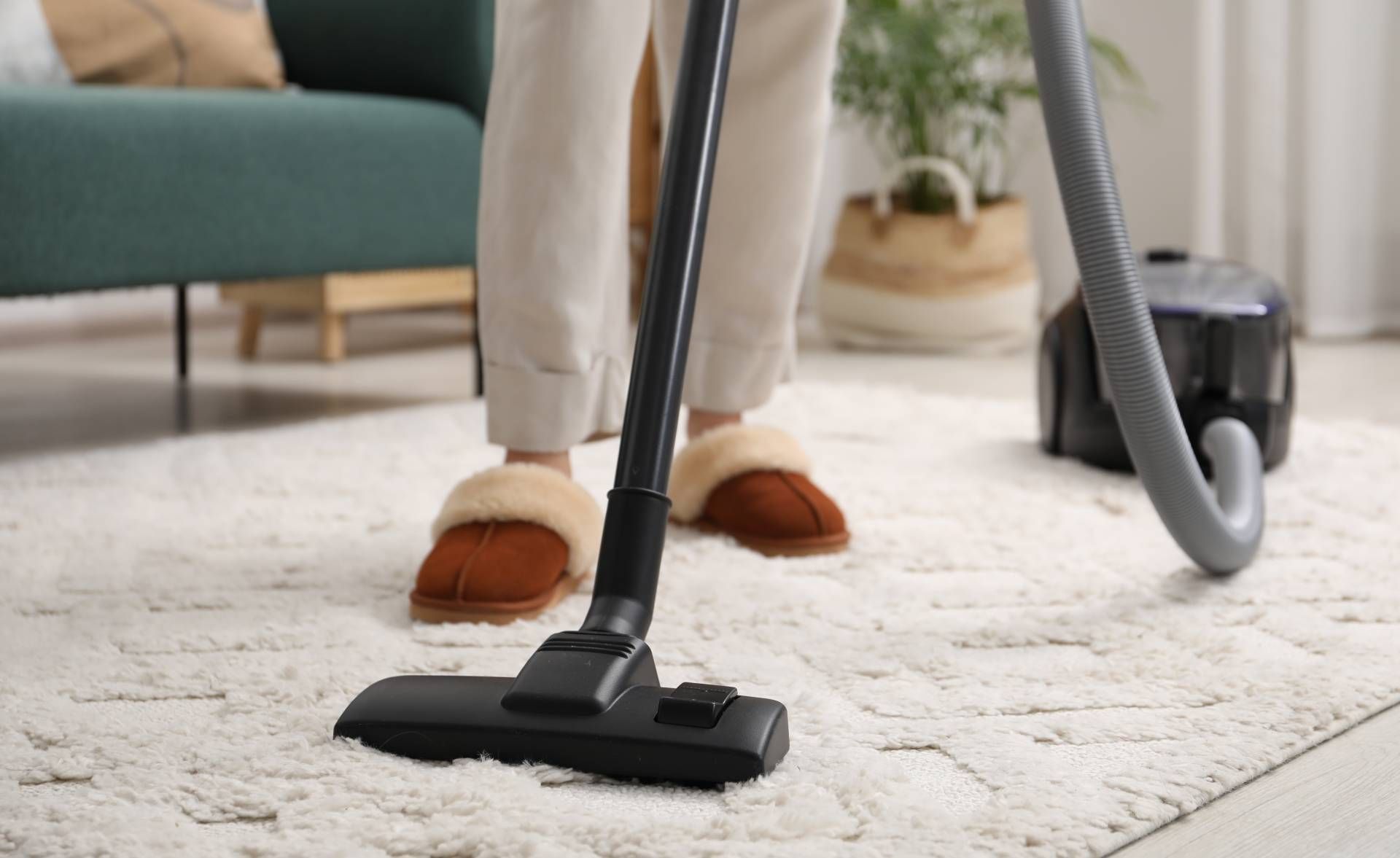 Person vacuuming a light rug in a living room with a teal sofa and houseplant