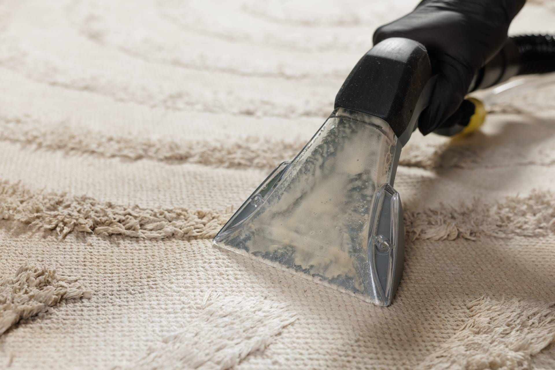 Carpet cleaner nozzle vacuuming dirt from a beige carpet edge