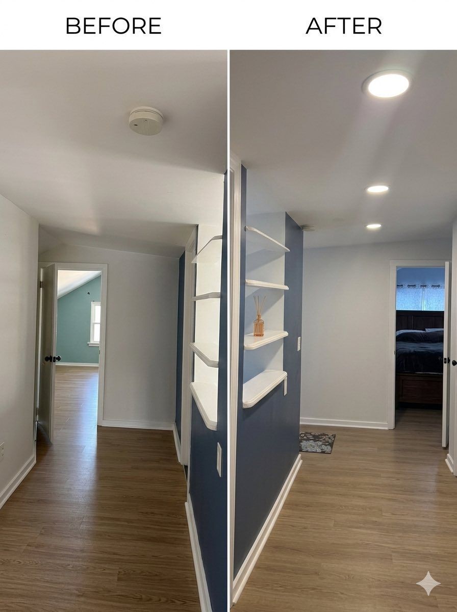 Before-and-after view of a renovated hallway with wood floors, white walls, and added recessed lighting.