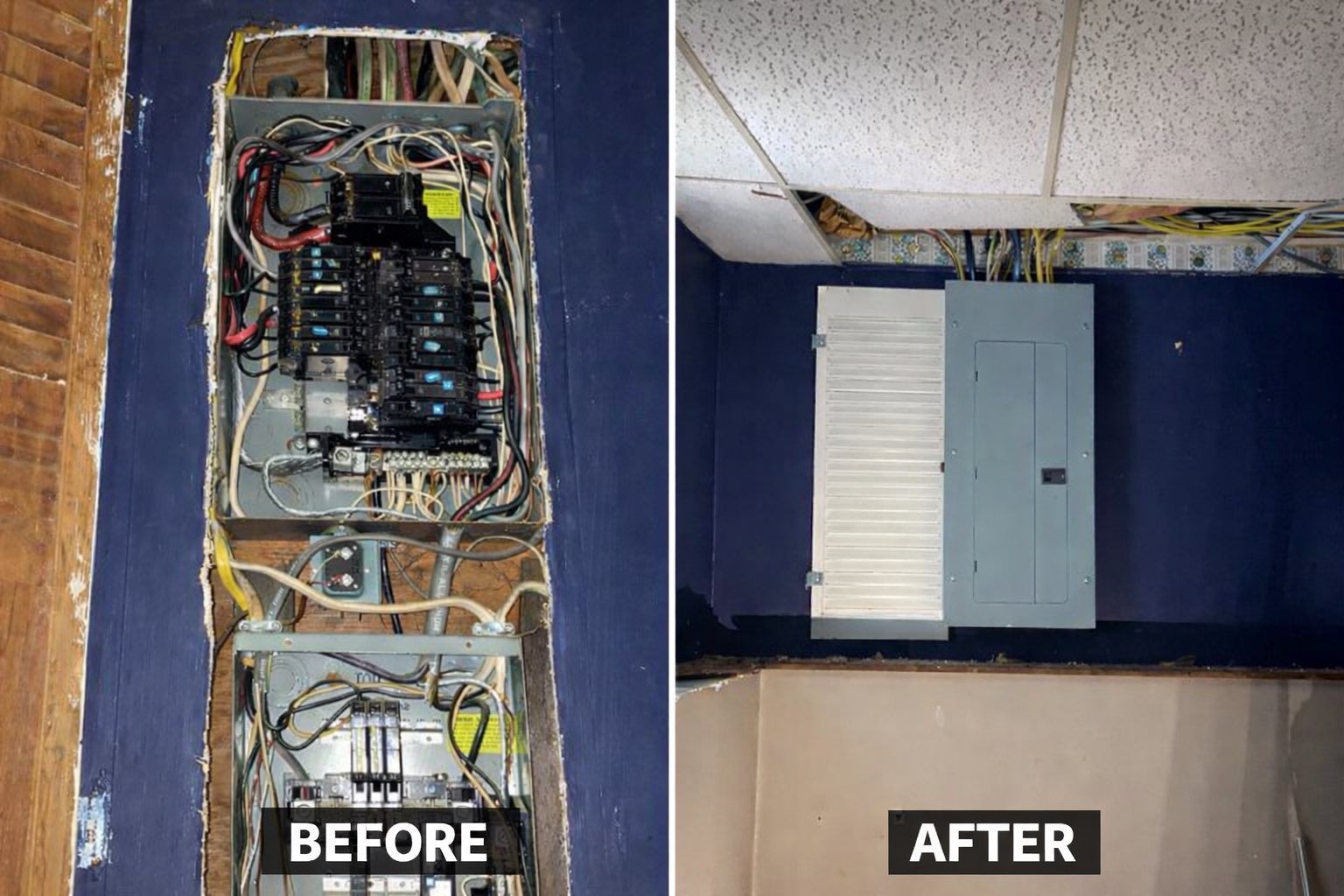 Before-and-after of an electrical panel box installation in a blue-walled room.