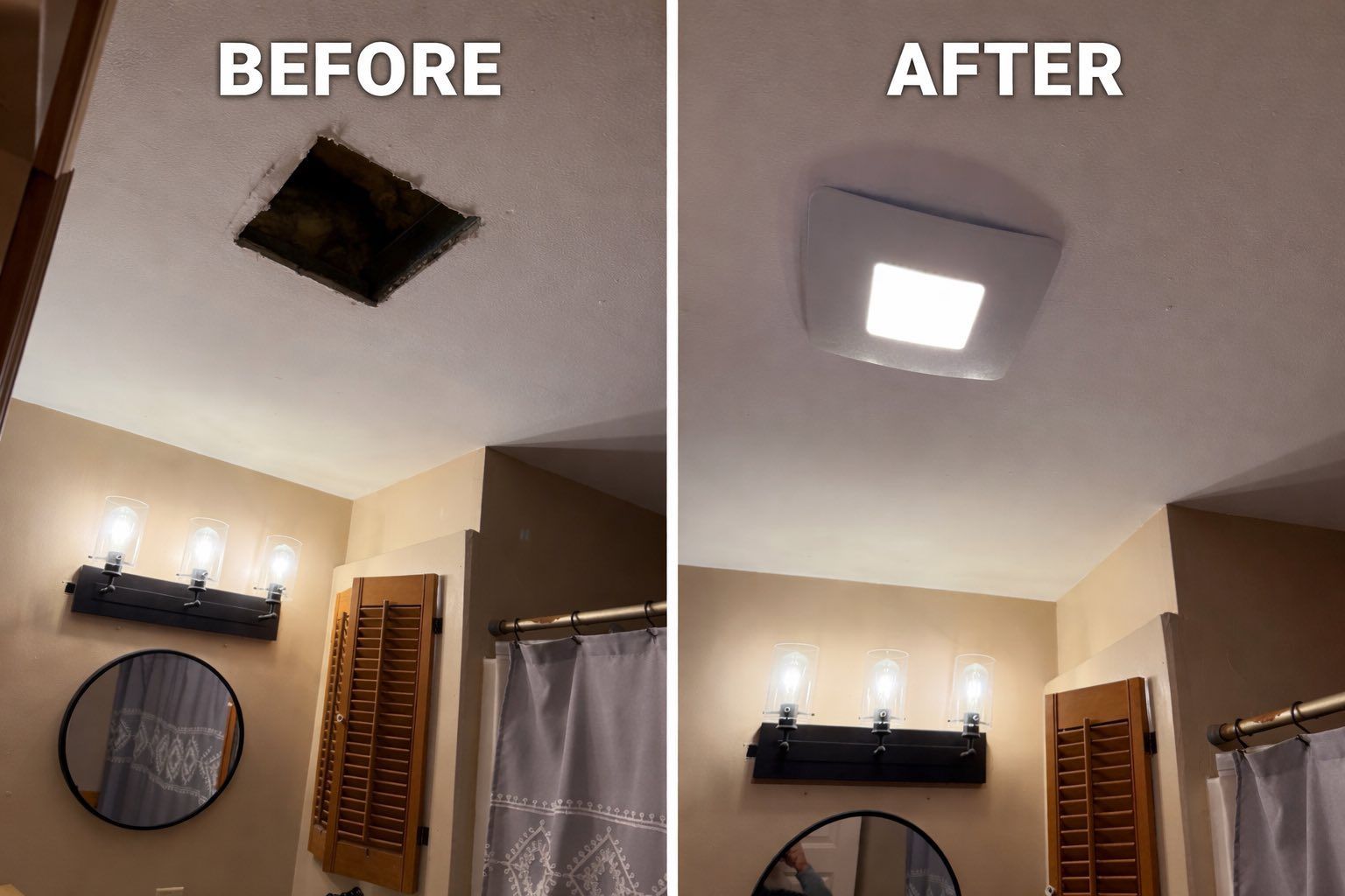 Before-and-after bathroom ceiling light repair, showing a dark vent and a bright new light fixture.