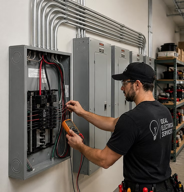 Electrician wiring an open circuit breaker panel in an industrial electrical room.