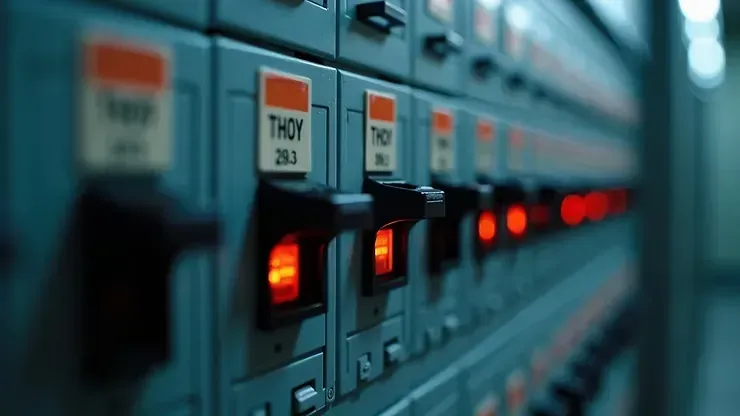 Rows of industrial control panels with glowing red indicator lights in a server room