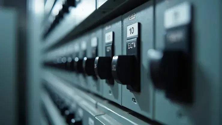 Row of black electrical switches on a control panel in a blurred industrial setting