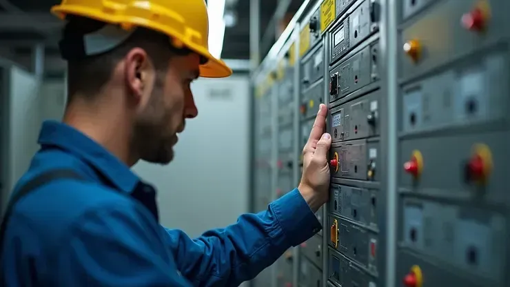 Worker in a yellow hard hat operating industrial control panels in a factory control room