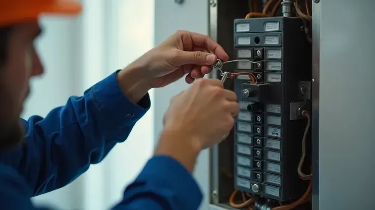 Technician wiring an electrical breaker panel indoors, with blue sleeves and exposed circuit components
