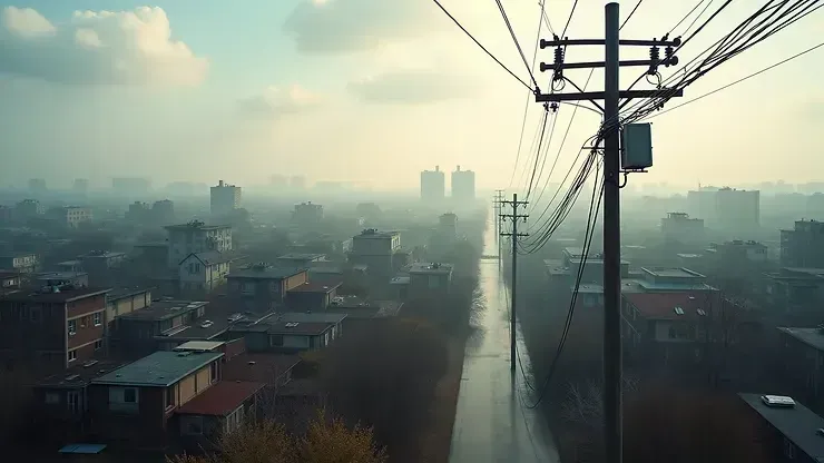 Foggy urban street with power lines and rooftops fading into a hazy skyline