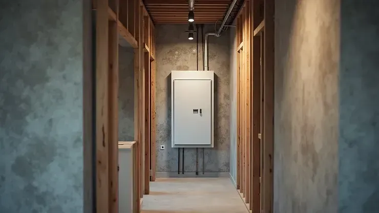 Narrow unfinished hallway with a white electrical panel at the far end.