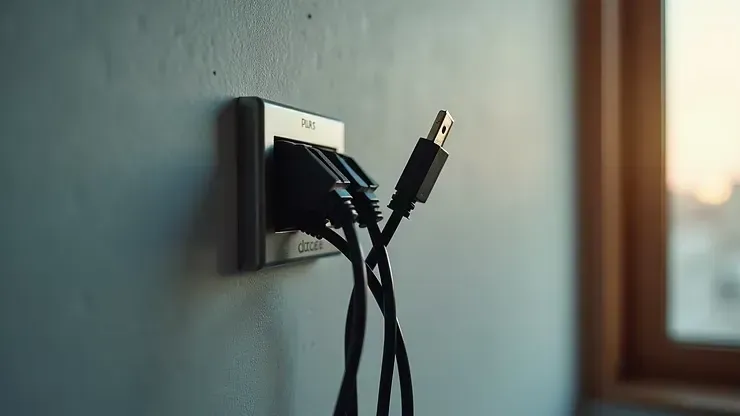 Black charging cables plugged into a wall outlet with warm sunlight in the background