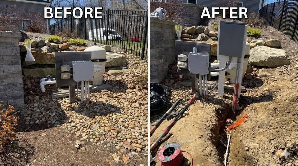 Before-and-after of outdoor utility boxes beside a house, with a trench and exposed cables in the after view.