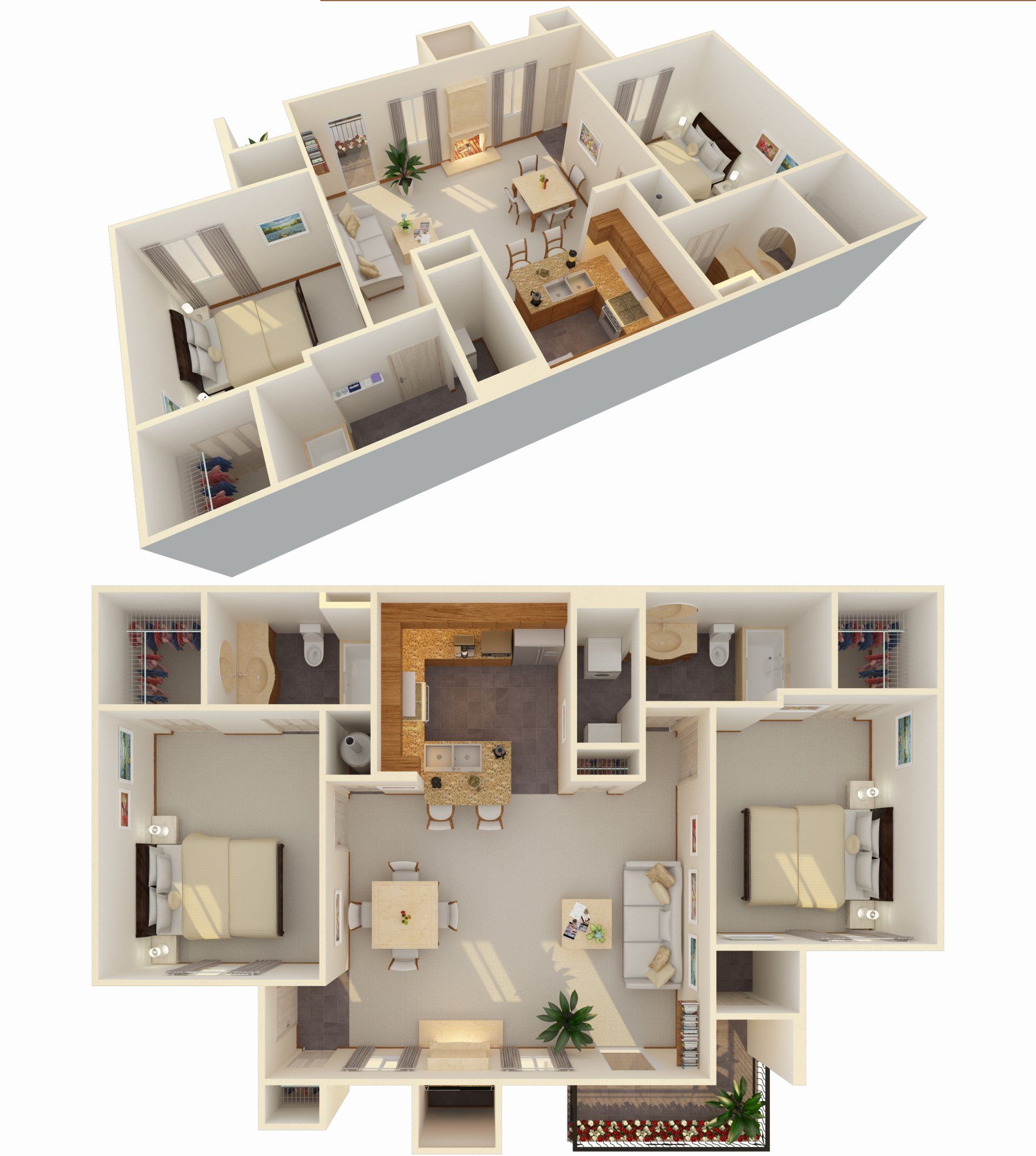 2 Bed 2 Bath (Fireplace optional)
