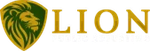 Gold lion logo with the word “LION” on a white background