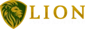 Gold lion logo with the word “LION” on a white background
