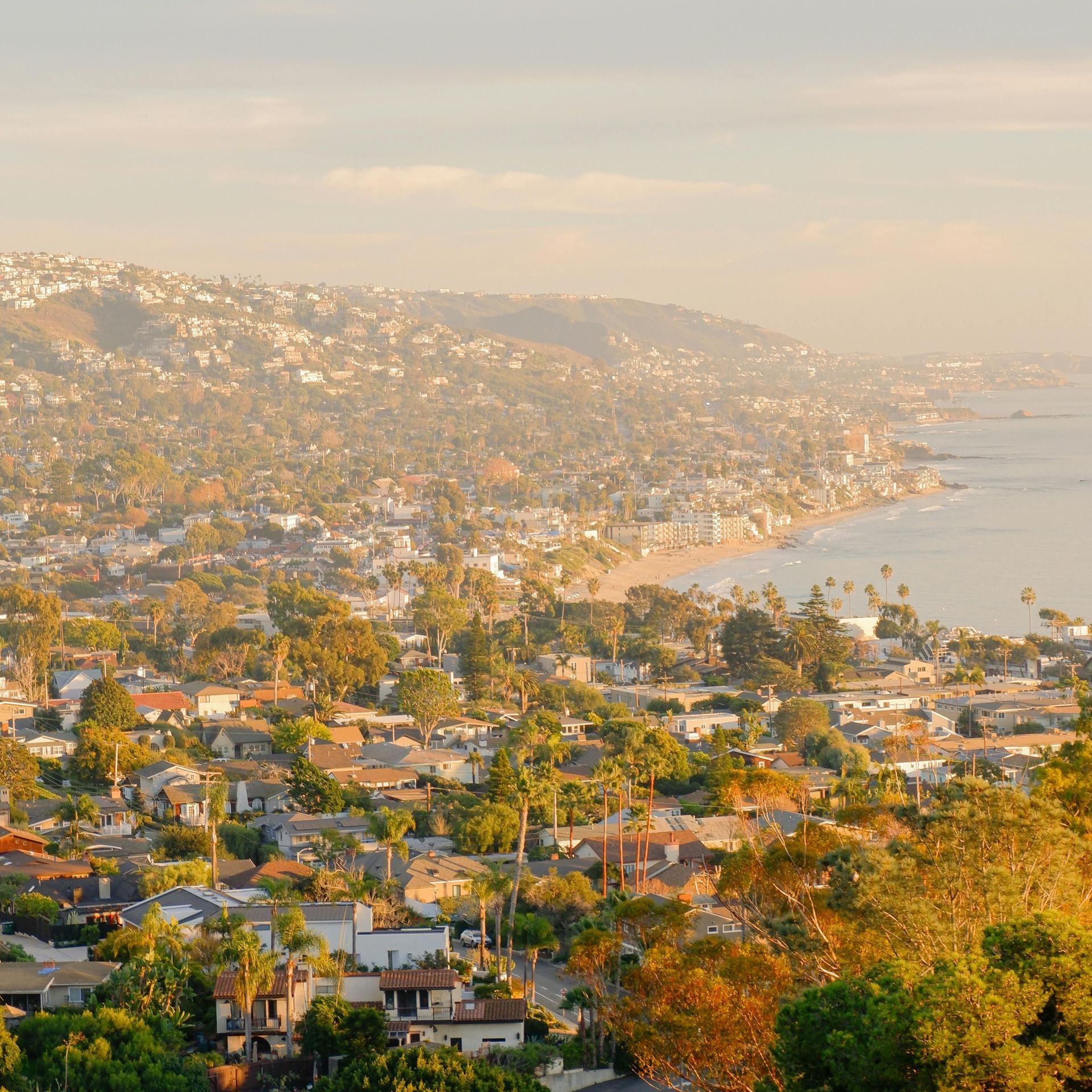 Sunlit coastal hillside city with houses, palm trees, and a calm bay at sunset