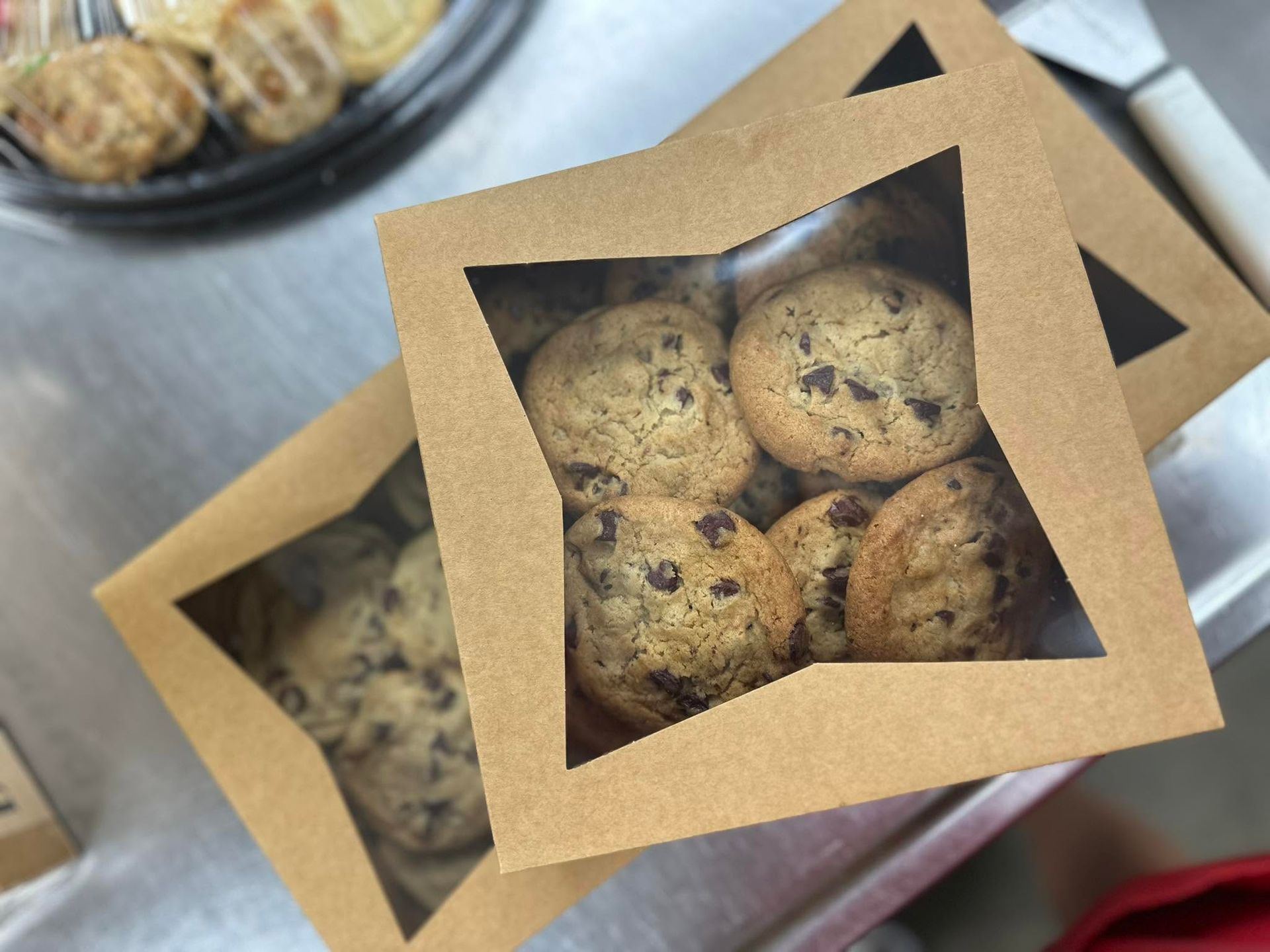 chocolate chip cookies in boxes