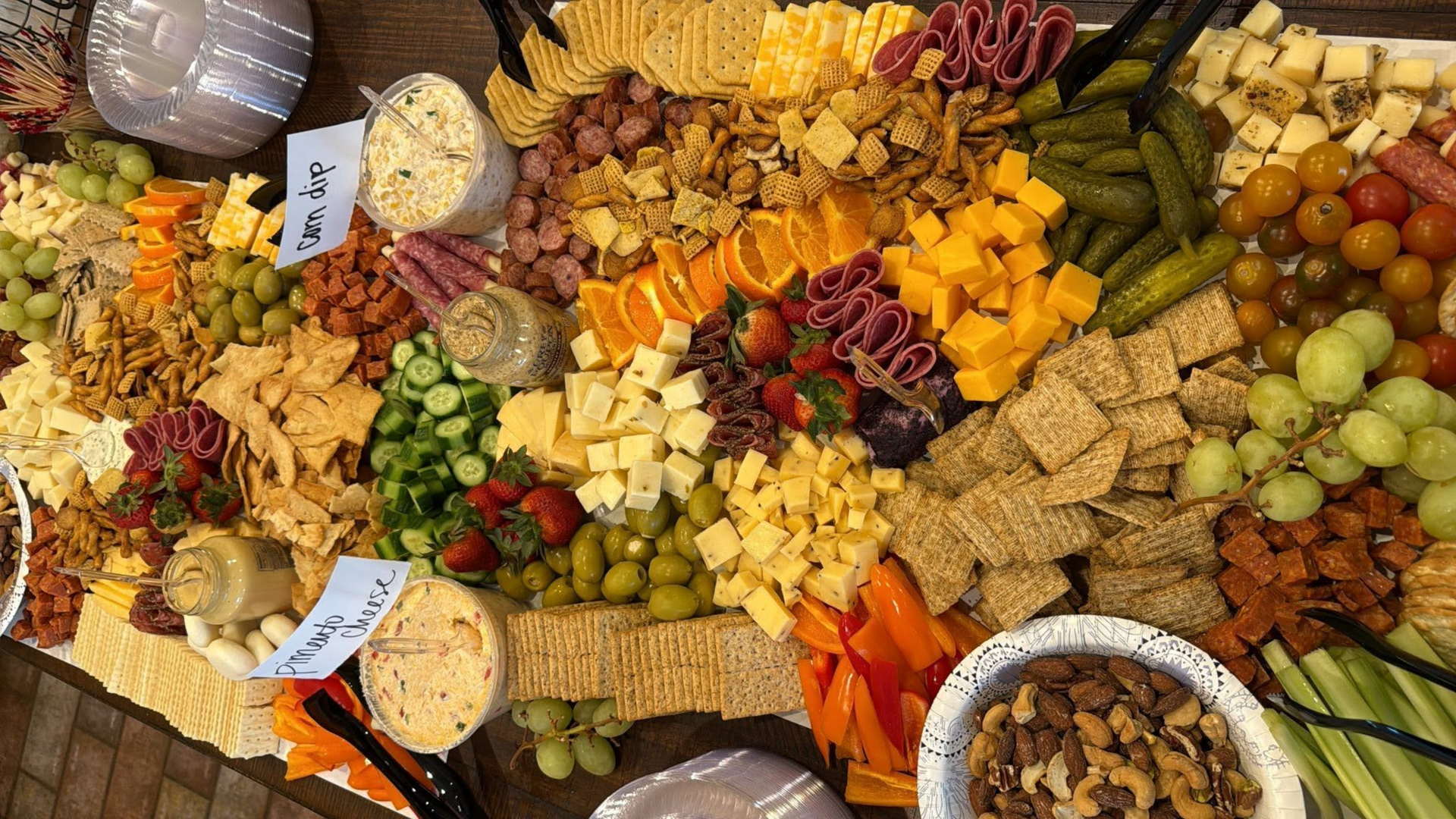 Overhead view of a wedding dinner spread