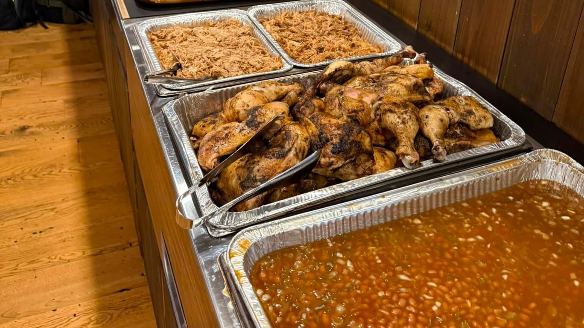Overhead view of an event dinner spread