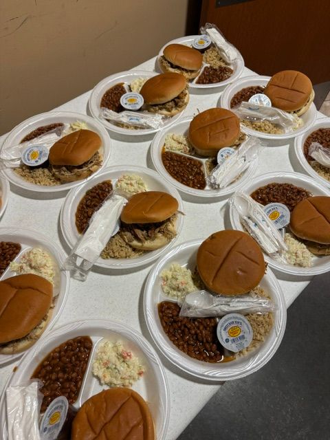 Overhead view of a corporate dinner spread
