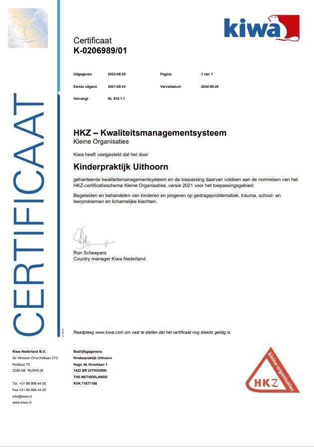 Certificaat van Kiwa voor HKZ - Kwaliteitsmanagementsysteem voor een zorgpraktijk.
