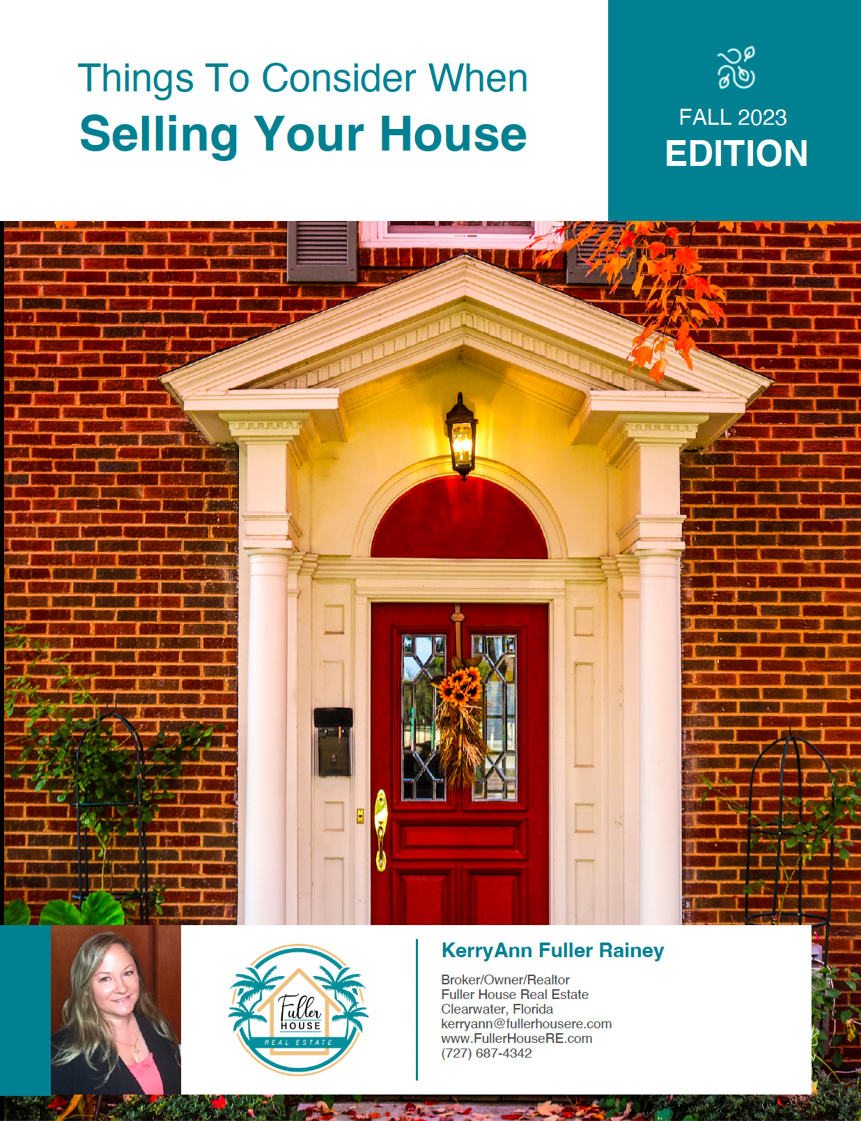 A brick house with a red door is on the cover of a book titled things to consider when selling your house.