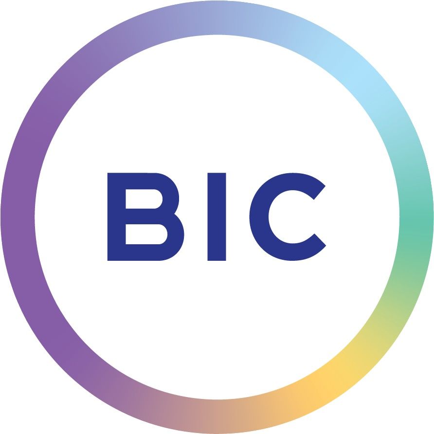 BIC logo, white circle with blue text “BIC”, surrounded by a pastel gradient ring.