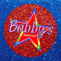 Bobby's Sunderland logo. Red glitter circle with a red, rainbow-outlined star. Text in pink script: